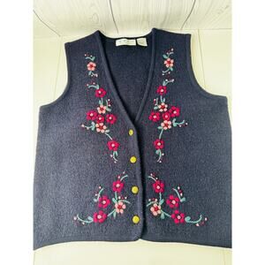 VTG DRVS Womens 100% Wool Cottagecore Vest Embroidered Floral Black Medium